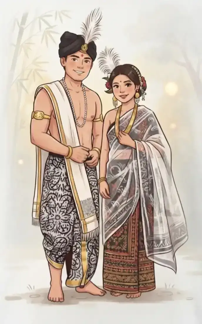 Illustration of a Manipuri couple in festive traditional wedding attire