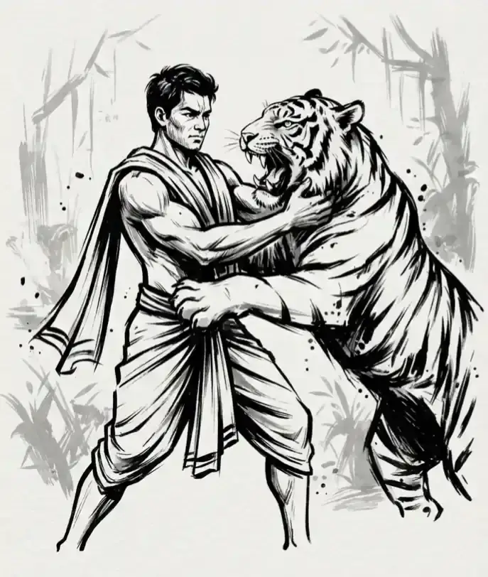 Illustration of Khamba fighting a tiger, from the Khamba-Thoibi legend of Manipur