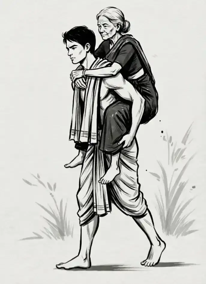 Illustration of Loyangamba carrying the goddess Emoinu, disguised as an old woman, on his back