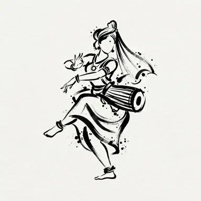 Ink-brush illustration of a Pung Cholom drummer, Manipur's sacred drum dance