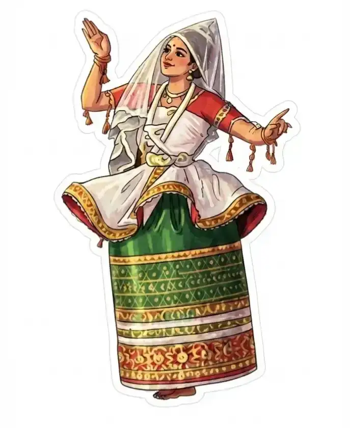 Illustration of a Manipuri Ras Leela classical dancer in traditional Kumin skirt
