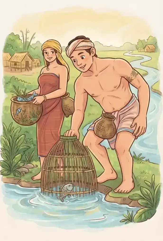 Illustration of a village couple fishing with a traditional bamboo trap by a river