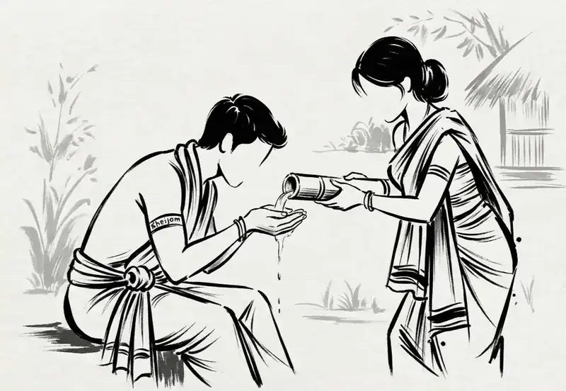 Illustration of a traditional water-pouring hospitality ritual in Manipur